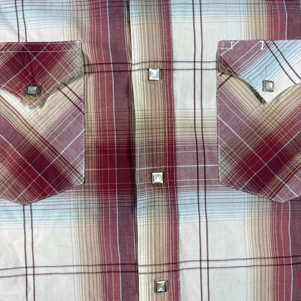 Wrangler American Cowboys Mens Plaid Western Pearl Snap Shirt Burgundy Tan XL - Picture 2 of 5